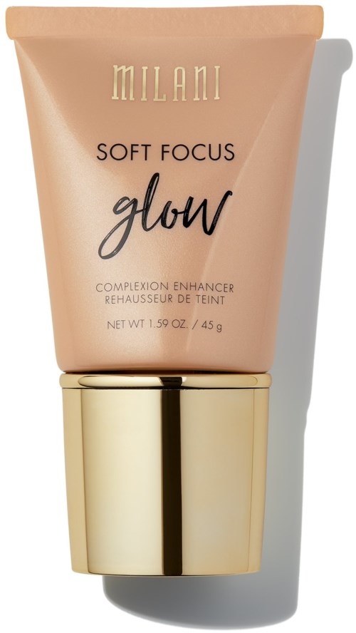 A beige tube of Milani Soft Focus Glow primer with a gold cap and black text, casting a shadow.