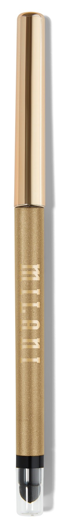 A gold-colored pen with a transparent grip area and cap, standing upright against a black background.