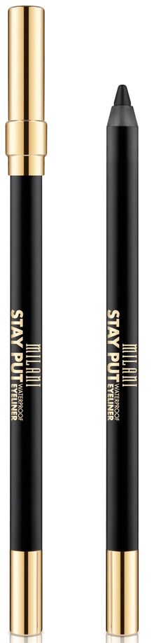 Two black and gold twist pens are side by side, one with a cap and the other uncapped, with the words "STAY PUT" on them.