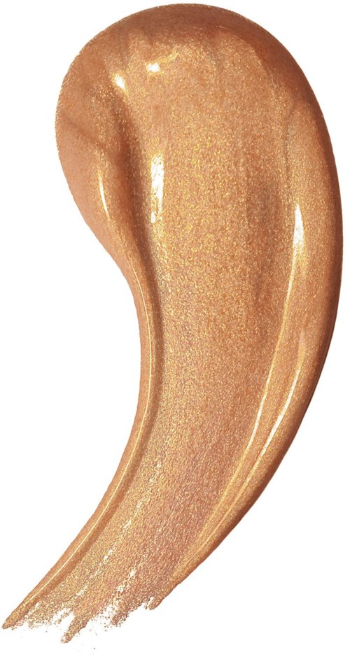 Ett prov av glittrig, gyllene-beige sminkprodukt med en böjd form.