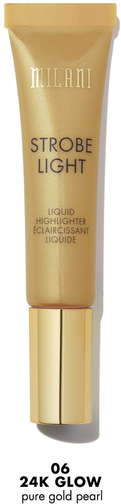 En tub med Milani Strobe Light flytande highlighter i nyansen 06 24K Glow, guldpärlemorsfärg.