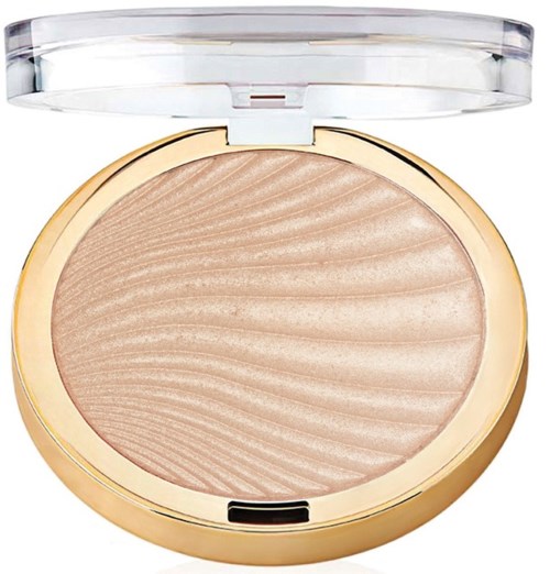 Ett kompakt puder med lätt skimrande, beige färg och ett virvlat mönster på ytan.