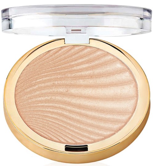 En rund makeup-kompakt med beige puder och ett genomskinligt lock. Pudret har ett vågigt mönster.