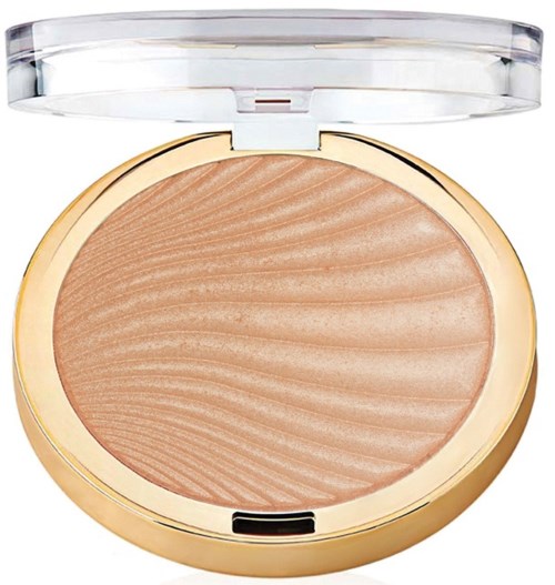 En rund makeup-kompakt med ett tydligt lock, fylld med skimrande persikofärgad puder.