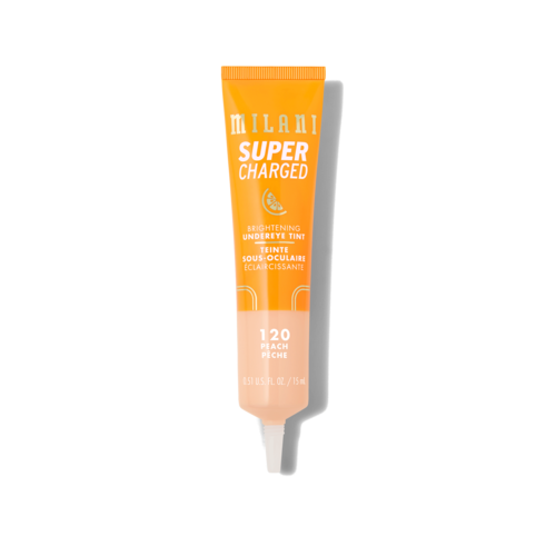 En ljus orange tub av Milani Supercharged Undereye Brightening Tint med SPF 20. Den används för ögonområdet.