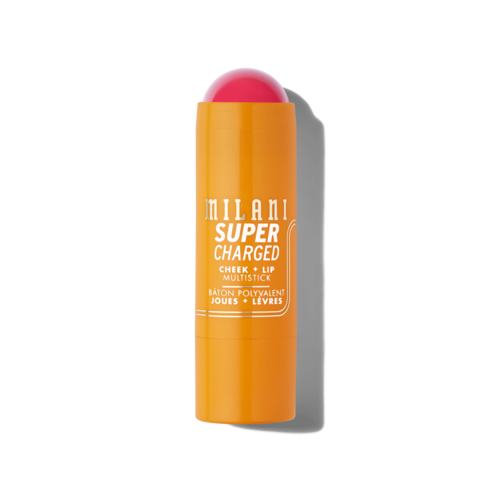 En ljus orange läppbalsamrör med rosa topp, märkt 'Milani Super Charged' för kinder och läppar.