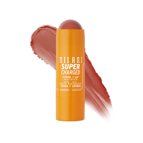 En gul läppbalsamrör med etiketten 'Milani Super Charged Cheek + Lip Multistick' och en rosaaktig smet i bakgrunden.
