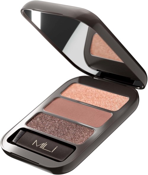 A compact makeup palette with three shades of blush and eyeshadow, and a small brush. It has a mirror.