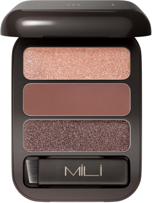 An eyeshadow palette with three shades: shimmery pink, matte brown, and sparkly dark brown, with a small applicator.
