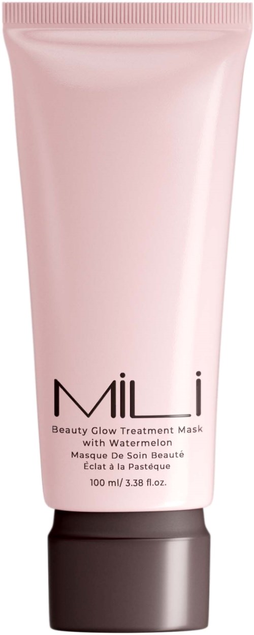 En lyserød tube af Mille Watermelon Beauty Glow Treatment Mask med sort låg.