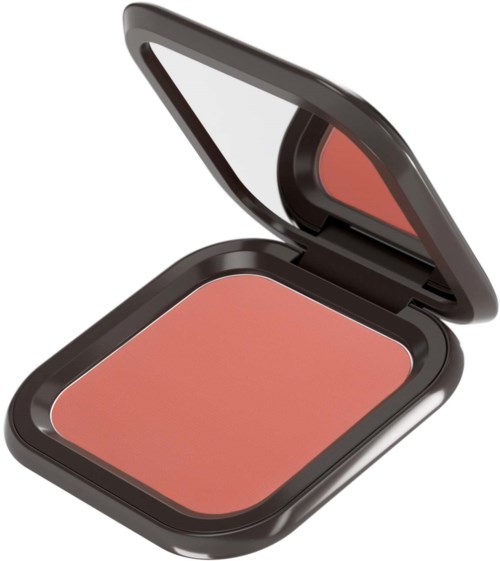 Een compacte make-up blush met een zwart doosje en een spiegel in de deksel.