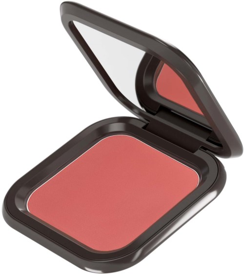 Een roze blush compact in een open zwart geval met spiegel inside de deksel.