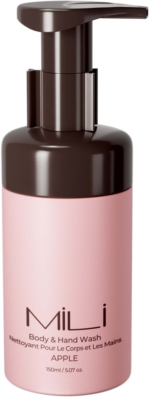Valkoinen pullo, jossa on musta pumpunippa ja teksti 'Mili' käsitiskuihin, omenan tuoksu, 150 ml.