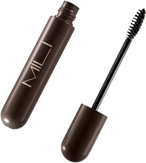 Een mascara buis met de applicator verwijdert, toont de kwast en het slanke, bruine ontwerp.