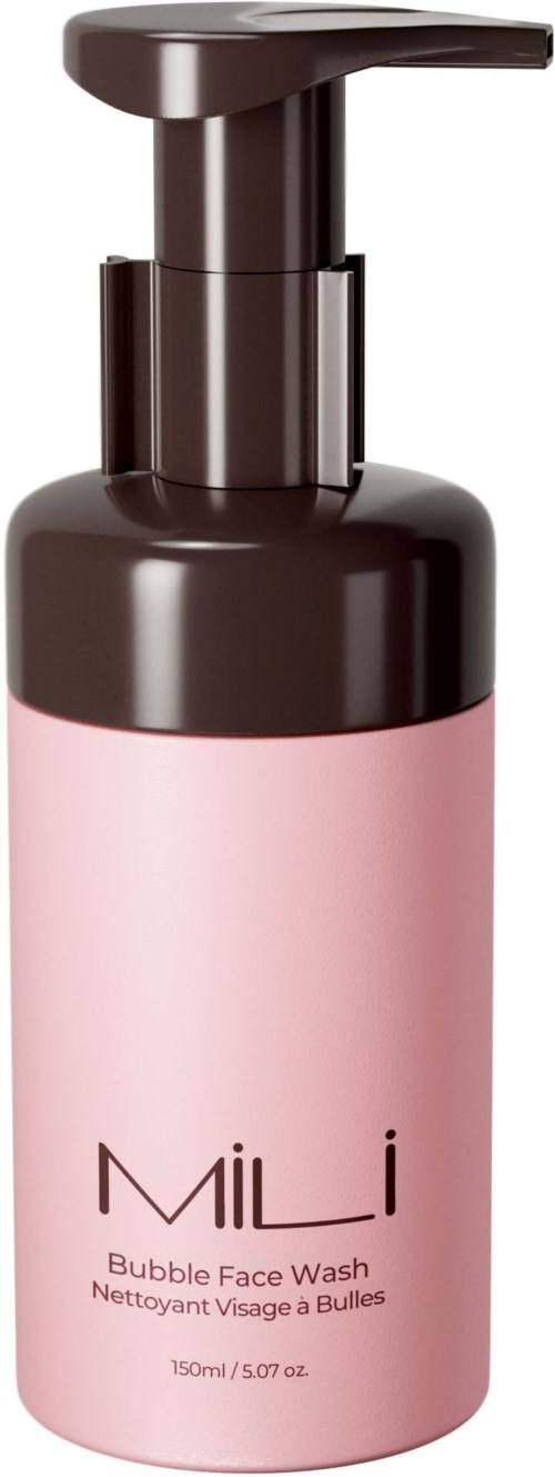 A pink bottle with a black pump labeled 'Mili Bubble Face Wash'.