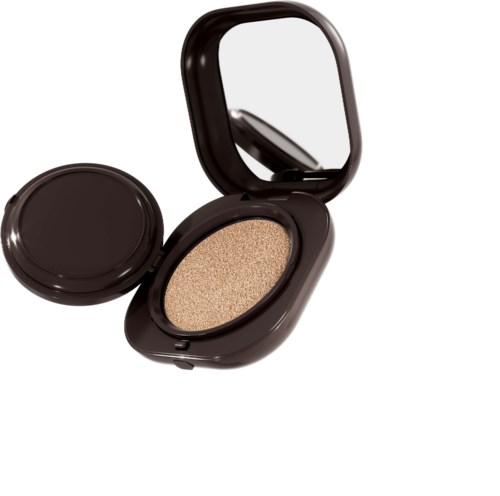 En svart kompakt med spegel och glittermakeup inuti.