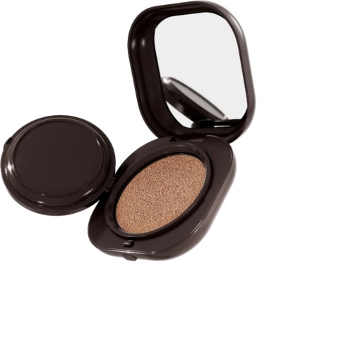 En liten rund makeupkompakt med spegel, innehåller ljusbrun ögonskugga.