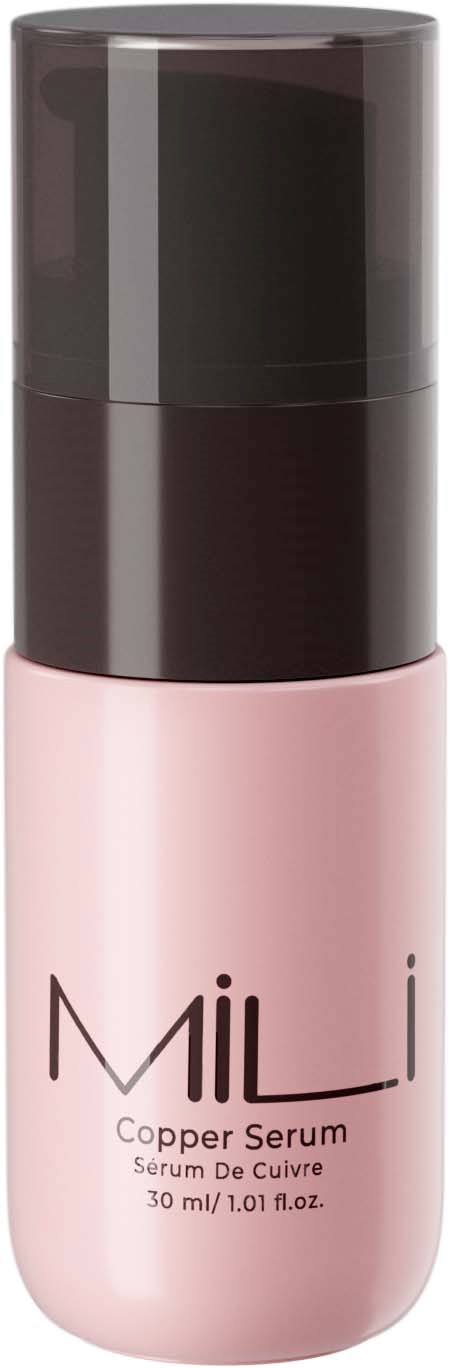 Valkoinen pullo, jossa Mili Copper Serum ja musta korkki. 30 ml.