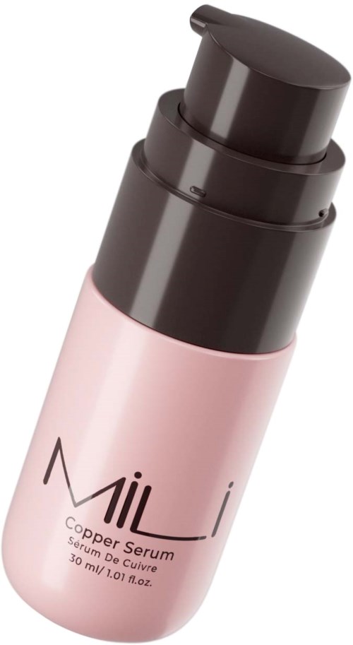 Vaaleanpunainen pullo, jossa musta voihtopumppu, nimeltä 'MiiL Copper Serum', 30 ml.
