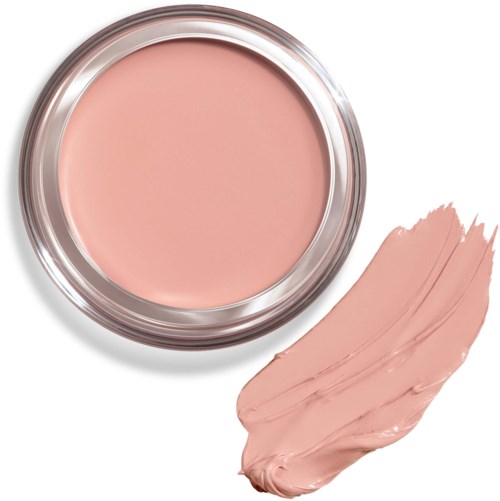 Ein runder Behälter enthält rosa Creme, mit einem Tupfer der gleichen Creme daneben.
