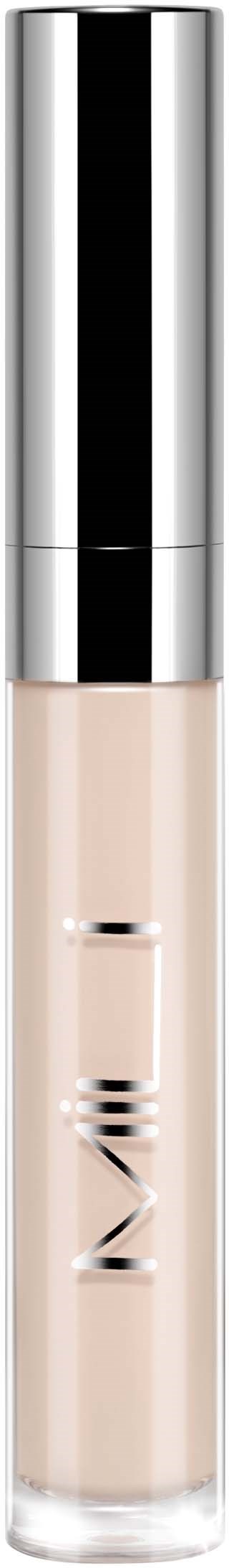 A bottle of liquid concealer with a silver cap and clear body, showing beige product inside.