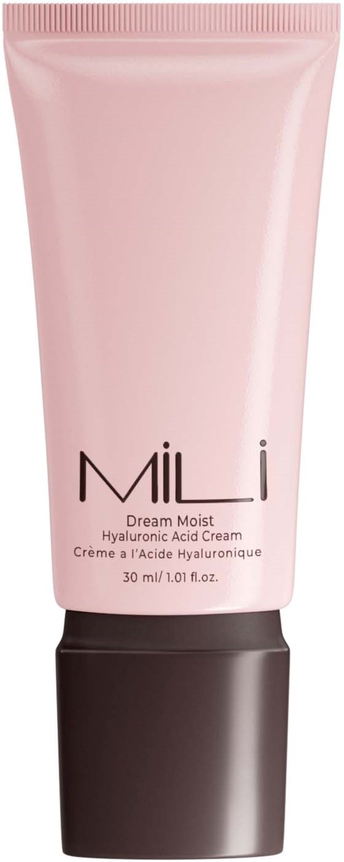 Vaaleanpunainen tuubi kosteusemulsioon, musta korkki, etiketti 'MILLI Dream Moist Hyaluronic Acid Cream, 30ml.'