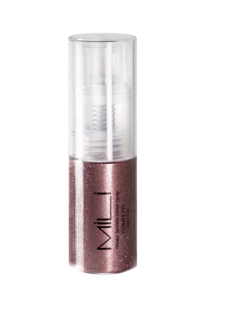 A round container of shimmery pink nail polish with a clear cap and black text on the front.