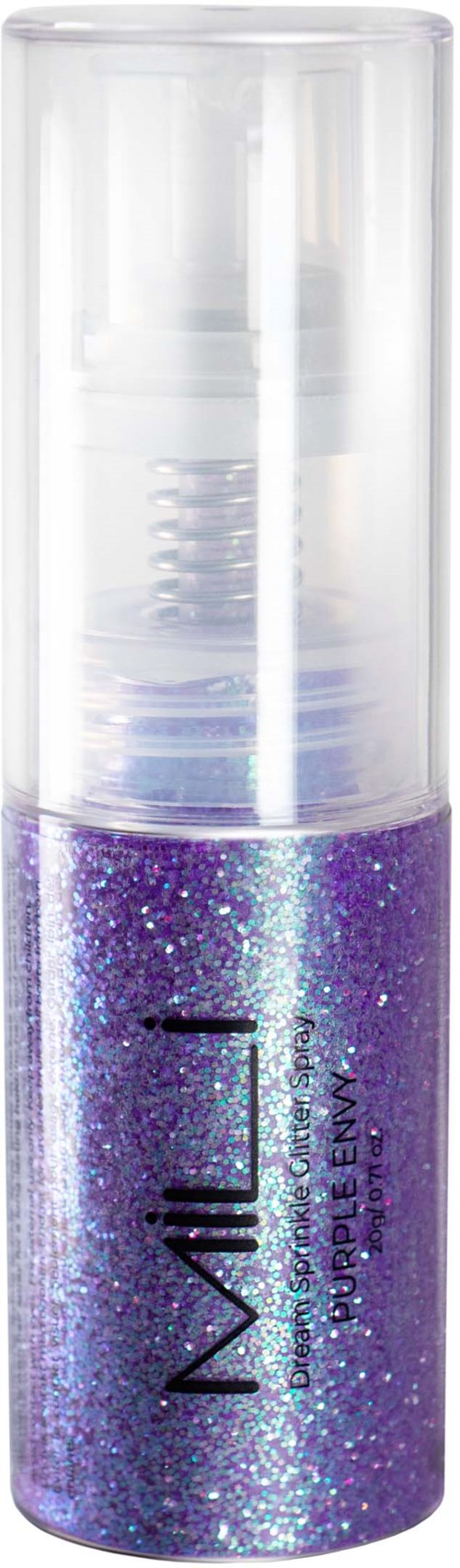 Duidelijke sprayfles met paarse glitter erin en een witte spraykop. De fles heeft de woorden "MILL" en "PRETTY GENIE".