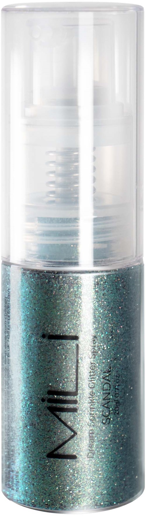 Pieni pullo sinistä glitter -kynsiväriä ja läpinäkyvä kansi.
