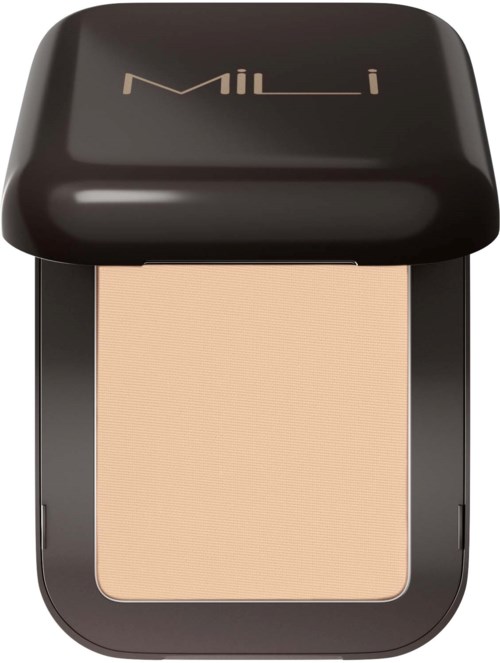 En kompakt makeup-ask med beige puder inuti, svart lock med 'MULI' logotyp på toppen.