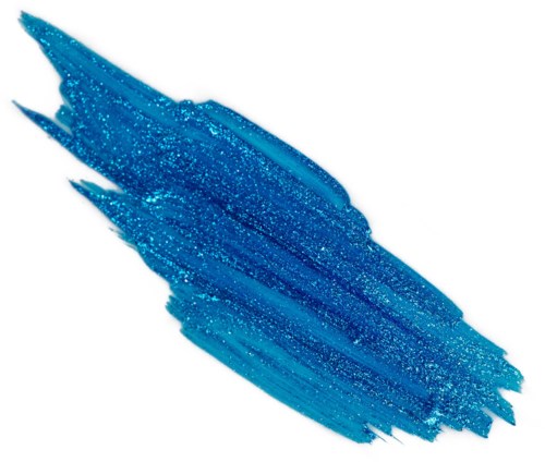 Bright blue paint stroke with glitter on white background.