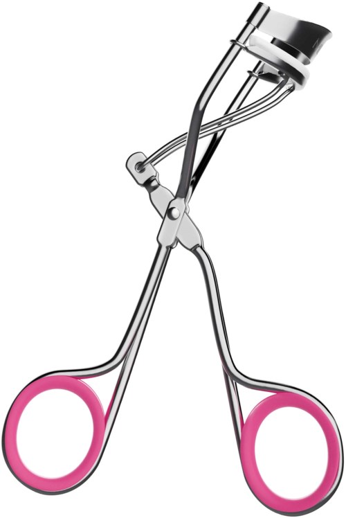 En metal øjenvippebukker med pink gummigreb, står lodret mod en hvid baggrund.