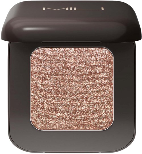 Een zwarte make-upcompact met een glinsterende roze-bruin oogschaduw binnen.
