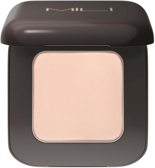 A compact with a light beige powder inside, in a black case with a mirror inside the lid.