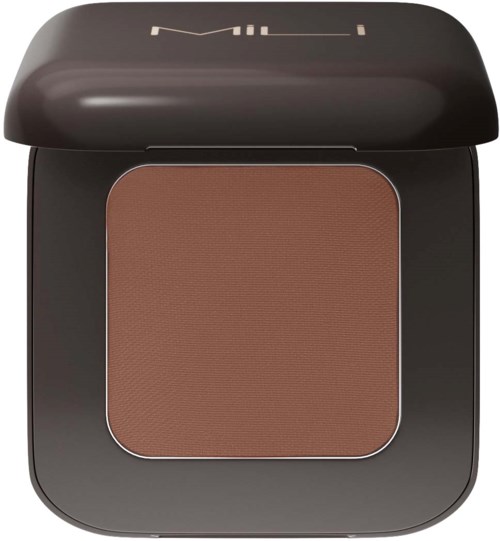 A compact makeup product with a brown pressed powder inside a black case with a lid.