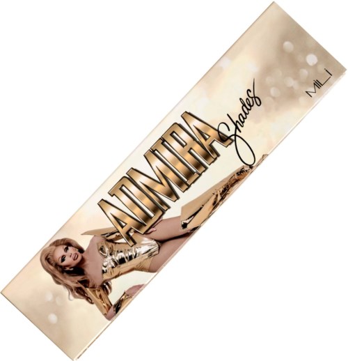 A woman in a shiny gold outfit lying down, with large bold text and a soft background.
