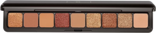 Een make-up palet met verschillende tinten bruin, beige, goud en koper voor oogdecoratie.