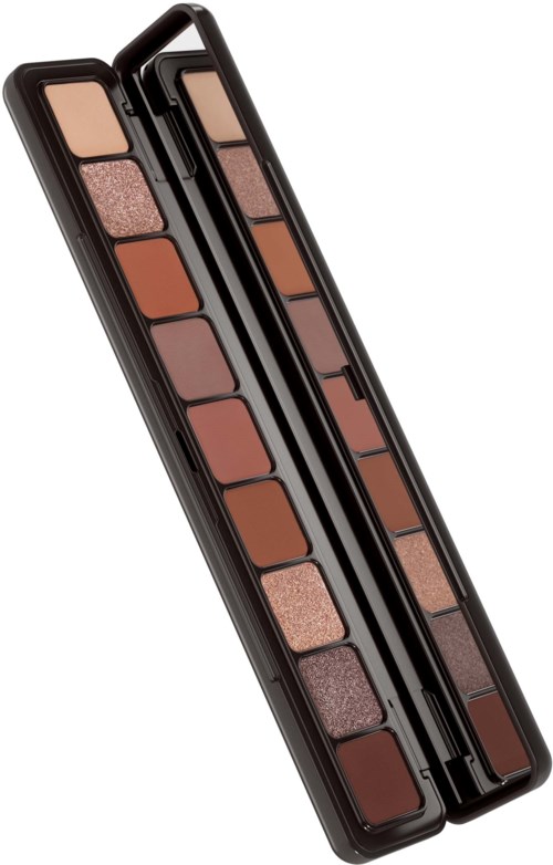 En makeup-palett med 12 nyanser av brunt, beige og skimrende farger i et svart etui.