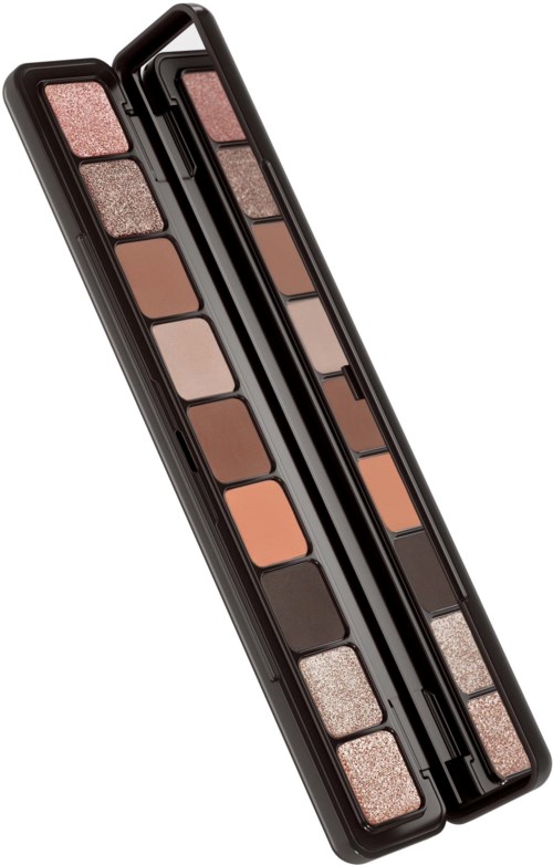 En sminkepalett med 12 nyanser av brunt, beige og rosa, inkludert matte og skinnende finish.