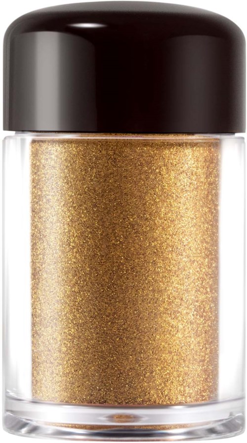 A small glass jar with a black lid contains glittery gold powder.