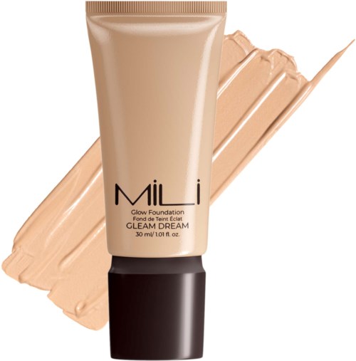Beige-meikkivoideputki, jossa on musta korkki, merkinnällä 'Mi Glow Foundation' ja 'Cleansing Dream', on asetettu beigen sävyn päälle.