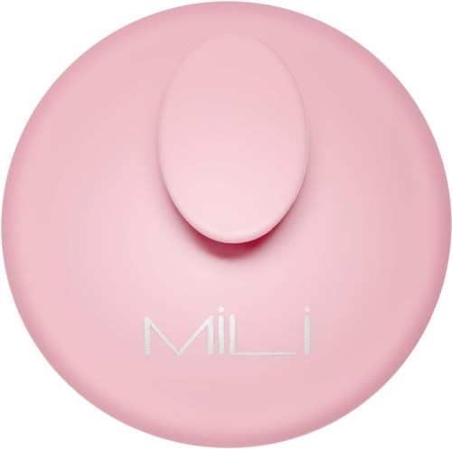 Ett runt rosa föremål med ett förhöjt ovalformat element upptill och ordet 'MiLi' tryckt på det.