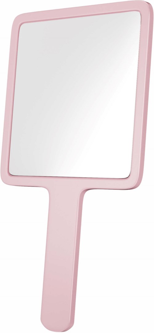 Ein rosa Handspiegel mit rechteckigem Spiegel und Griff.