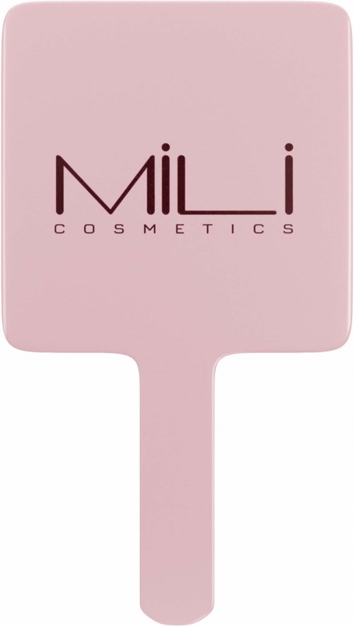 Ein pinker Handspiegel mit den Worten "Mili Cosmetics" auf.