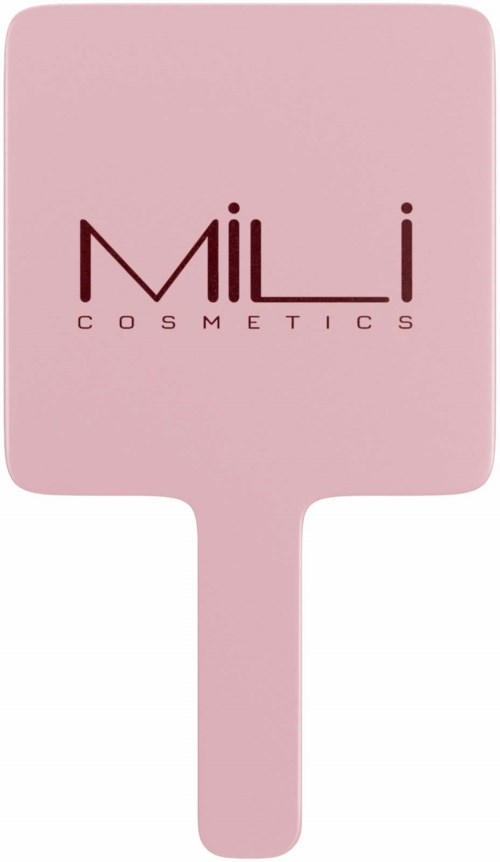 Hellpinkes Handspiegel mit 'MiLi Cosmetics' geschrieben.
