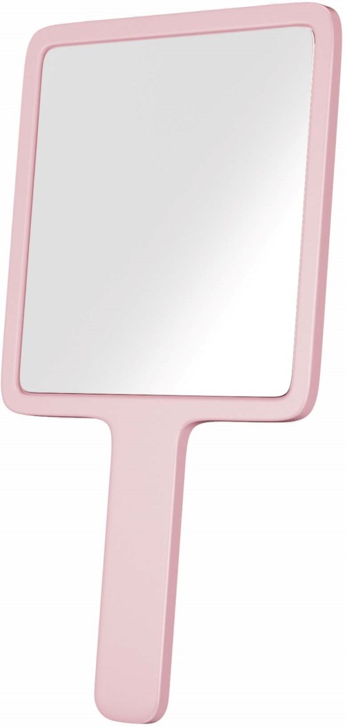 Ein pinker Handspiegel mit Griff und rechteckiger reflektierender Oberfläche.