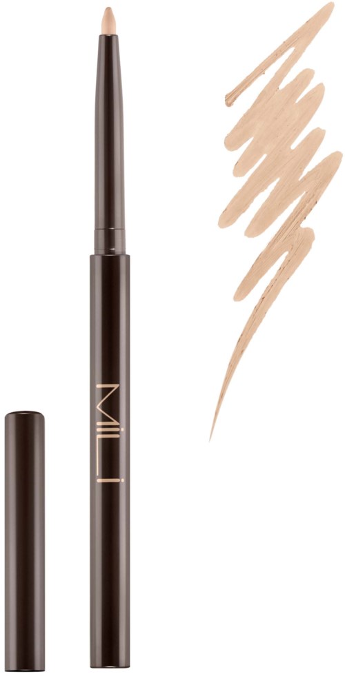 En beige makeup-penna med lock, visar färgprov till höger, och en linje som är ritad.
