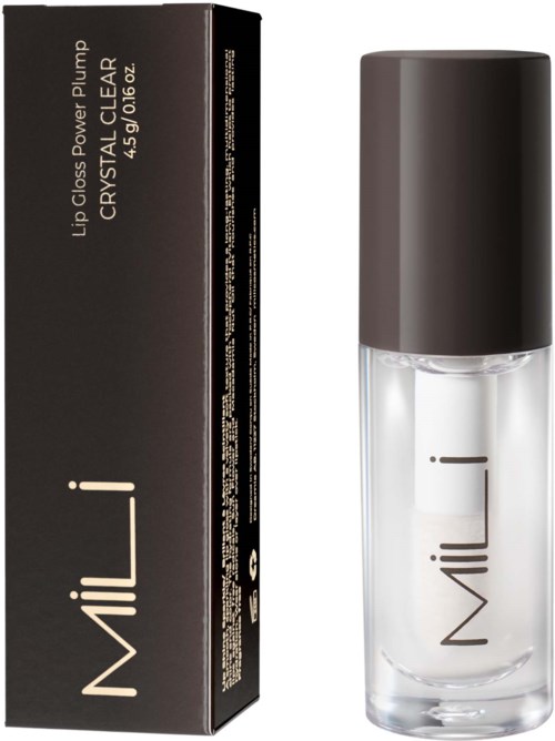 Een heldere lipglossfles met een donkergrijze dop en eenvoudige 'Mil'-branding. Verpakking is zwart met productinformatie.