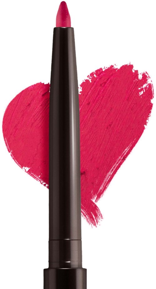 Ett rosa läppstift med svart hölje står framför ett målat rosa hjärta.