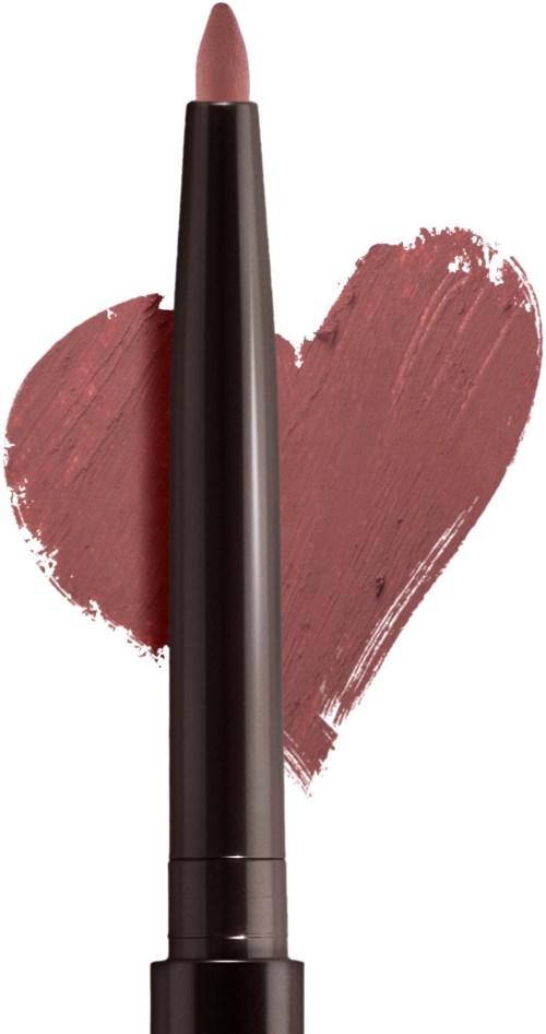 Ett läppstift i rosa nyans står upprätt framför ett rosa hjärtmärke.